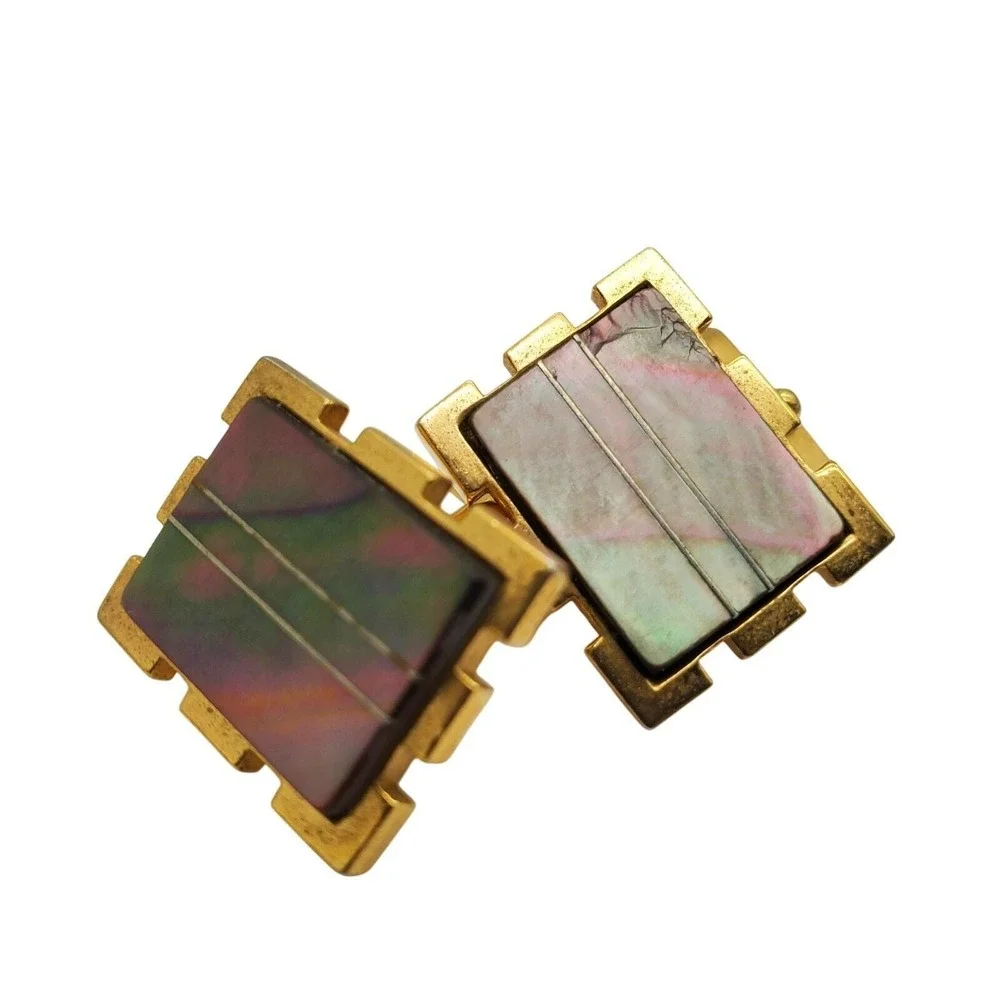 Cufflinks Abalone Shell Gold Tone Rectangle Inlay Iridescent 1960s Mid Century